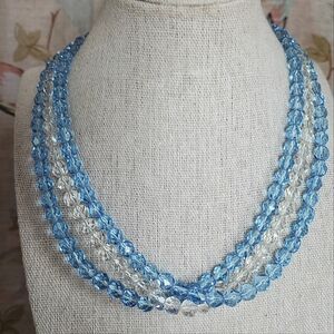 Triple Strand Faceted Clear Glass & Light Blue Beaded Vintage CLASP Necklace EUC